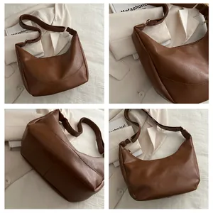 Multi-angle details of a brown minimalist hobo bag showing its soft leather and structure