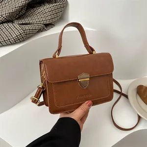 Vintage PU Leather Small Square Bag For Women Fashion Shield Buckle Handbag Retro Shoulder Crossbody Bag Daily Office Purse
