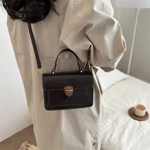 Retro brown leather small square bag with gold lock and top handle for women