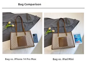 Size comparison of retro monogram tote bag with iPhone 14 Pro Max and iPad mini