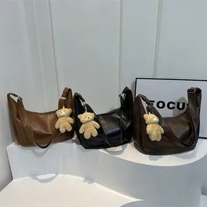 Large Capacity PU Leather Half Moon Shoulder Bag For Women Retro Hobo Commuter Bag With Adjustable Strap Bear Charm