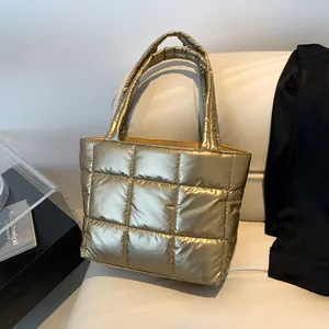 Women's Fashion Quilted Puffer Tote Bag Large Capacity Metallic PU Shoulder Bag Solid Color Padded Streetwear Handbag