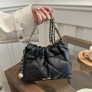 Women Fashion Quilted Bucket Bag Rhombic Drawstring Chain Shoulder Crossbody Underarm Bag Minimalist PU Leather Bag Gift