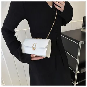 Détail d'un petit sac bandoulière blanc avec fermoir en U doré et bandoulière chaîne