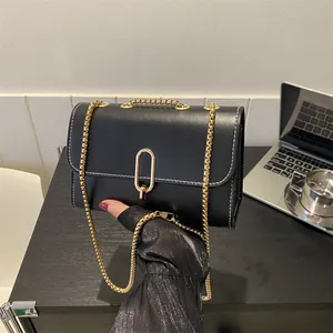 Minimalist PU Leather Small Square Bag For Women Gold Chain Shoulder Crossbody Bag With Contrast Stitching And Metal Lock