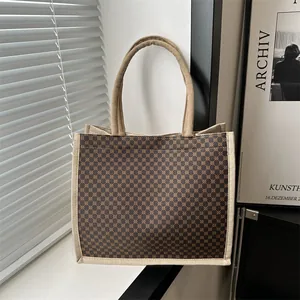 Women Vintage Burlap Linen Tote Bag Large Capacity Geometric Print Handbag Contrast Stitching Shoulder Bag Daily Travel Shopping Bag