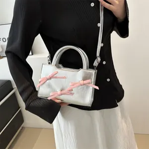Sac À Main Femme Douce Nœud Petit Carré Métallique Brillant Cuir Synthétique Bandoulière Réglable Sacoche Mode Tote
