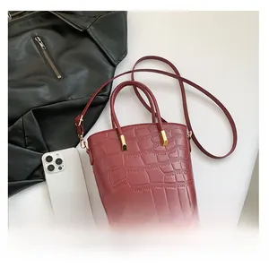Detailed comparison showing mini wine red crocodile pattern bucket bag with gold hardware