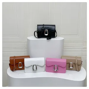 Chic women's rectangular flap crossbody bags in five colors with silver U-shaped metal buckles