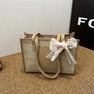 Fashion Straw Woven Tote Bag For Women Large Capacity Beach Shoulder Bag With Lace Flower Bow Decor PU Leather Strap