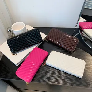 Quilted V-pattern patent leather long wallets for women in black, brown, red and white