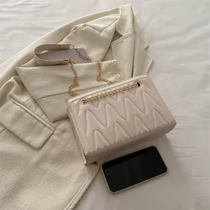 Beige Stepptasche für Damen mit goldener Kette und elegantem V-Muster Stickerei
