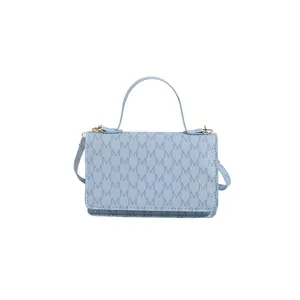 Elegant light blue crossbody bag with M letter print and gold hardware in faux leather