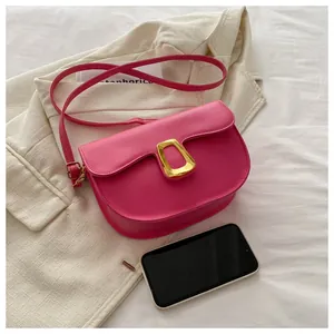 Detail of fuchsia saddle bag with gold buckle next to a phone for size comparison