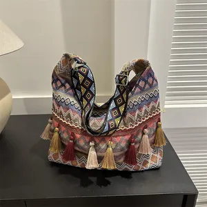 Bolso Tote Bohemio de Lona y Yute Patrón Étnico Geométrico Borlas Bolso de Hombro Correa Ajustable Gran Capacidad Mujer Playa