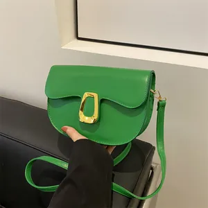 Women PU Leather Saddle Crossbody Bag Urban Minimalist Solid Color Shoulder Bag With Gold Metal Buckle Adjustable Strap