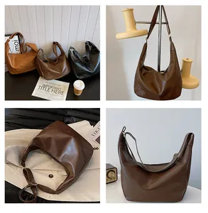 Detail view of large minimalist hobo bags in dark coffee, brown and black leather finishes
