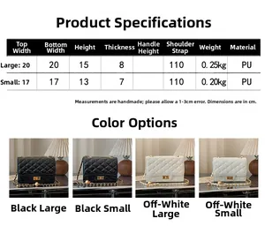 Size chart for quilted chain crossbody bags showing dimensions for small and large models