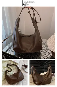 Three-angle display of a brown PU leather hobo bag with adjustable strap and gold hardware