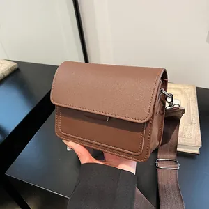 Women PU Leather Small Square Crossbody Bag Vintage Flip Cover Shoulder Bag With Wide Woven Strap Urban Simple Handbag