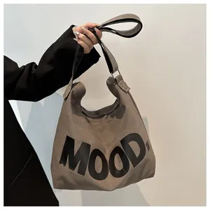 Detailed view of the 'MOOD.' printed text on durable khaki canvas shoulder tote bag