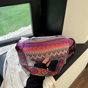 Detail of bohemian ethnic waist bag with purple leather trim and woven geometric patterns