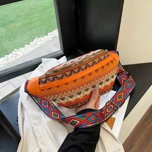 Detail of ethnic woven belt bag with orange wavy pattern and geometric patterned strap