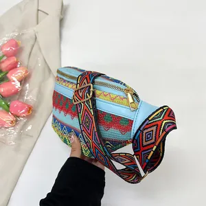 Detail of blue ethnic crossbody bag with colorful geometric embroidery and wide strap
