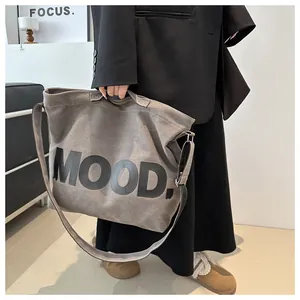 Detail of grey canvas tote bag with MOOD lettering and adjustable shoulder straps