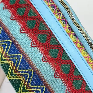 Macro detail of ethnic embroidered fabric texture with colorful weave and metal zipper