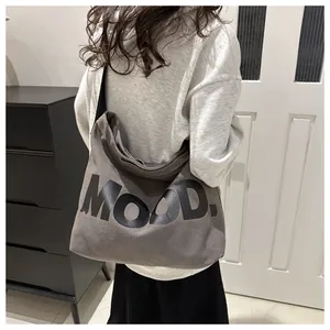 Detail of dark grey canvas tote bag with bold black MOOD. print and adjustable strap