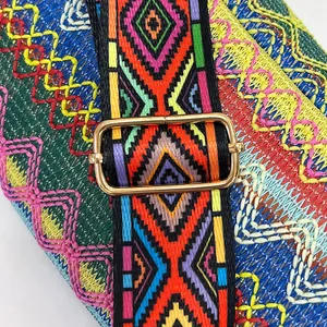 Close-up of ethnic embroidered strap with colorful geometric patterns and gold metal buckle