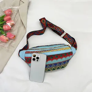 Ethnic crossbody chest bag with colorful woven patterns and a wide shoulder strap