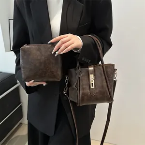 Retro dark brown bucket bag and pouch set with gold buckle for women fashion