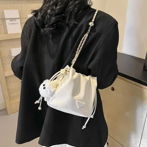 Women's Fashion PU Leather Drawstring Bucket Bag With Chain Shoulder Strap And Triangle Plate Crossbody Bag