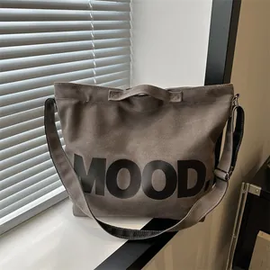 Women's Large Capacity Canvas Tote Bag MOOD Letter Print Shoulder Crossbody Bag With Zipper Adjustable Strap Daily Handbag