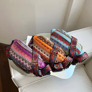 Ethnic style crossbody chest bags with jacquard weaving and colorful wide straps
