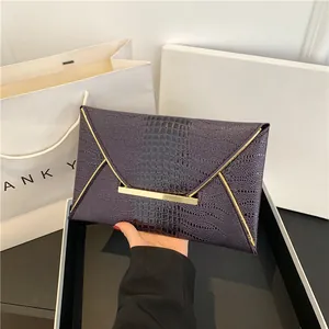 Women's Fashion Crocodile Pattern PU Leather Envelope Clutch Bag Gold Metal Edge Banquet Evening Party Handbag For Ladies