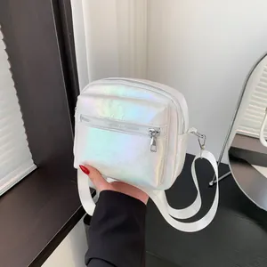 Fashion Women Small Square Crossbody Bag Lightweight Water-Repellent Holographic PU Leather Shoulder Bag With Front Pocket