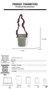 Size chart for mini crossbody phone bag with detailed dimensions and capacity diagram