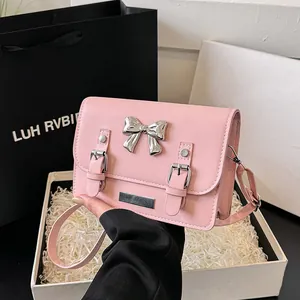 Fashion Sweet Bow Contrast Color Small Square Bag For Women PU Leather Preppy Style Crossbody Bag Commuter Shoulder Bag
