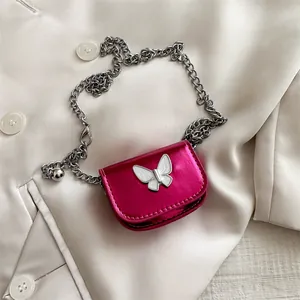 Women Mini Glossy Metallic Crossbody Bag Butterfly Decoration PU Leather Chain Strap Small Lipstick Coin Purse Shoulder Bag