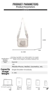 Tabella tecnica dettagliata per borsa a tracolla in PVC trasparente con cuore e misure