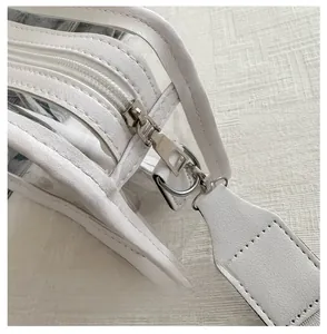 Dettaglio della cerniera argentata e rifiniture in pelle bianca sulla borsa in PVC