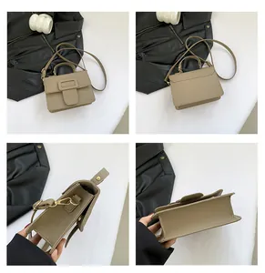 Vue sous quatre angles du petit sac carré kaki montrant la texture du cuir et la bandoulière