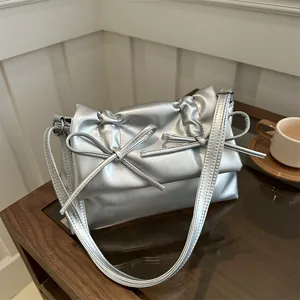 Women Fashion PU Leather Underarm Bag Solid Color Bowknot Decor Shoulder Bag Stylish Casual Crossbody Bag Summer Handbag