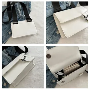 Detailed views of the minimalist white square crossbody bag showing wide strap and interior