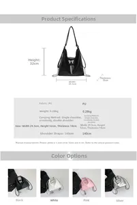 Detailed dimension guide for a large PU leather backpack showing its size and various colors