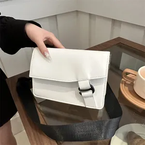 Women Minimalist PU Leather Small Square Bag With Wide Contrast Shoulder Strap Modern Crossbody Shoulder Purse Daily Casual Messenger Bag