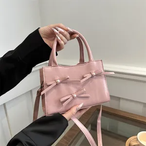 Women Bowknot Pearl Decor PU Leather Crossbody Bag Small Square Handbag Sweet Elegant Hand Tote Bag With Adjustable Strap